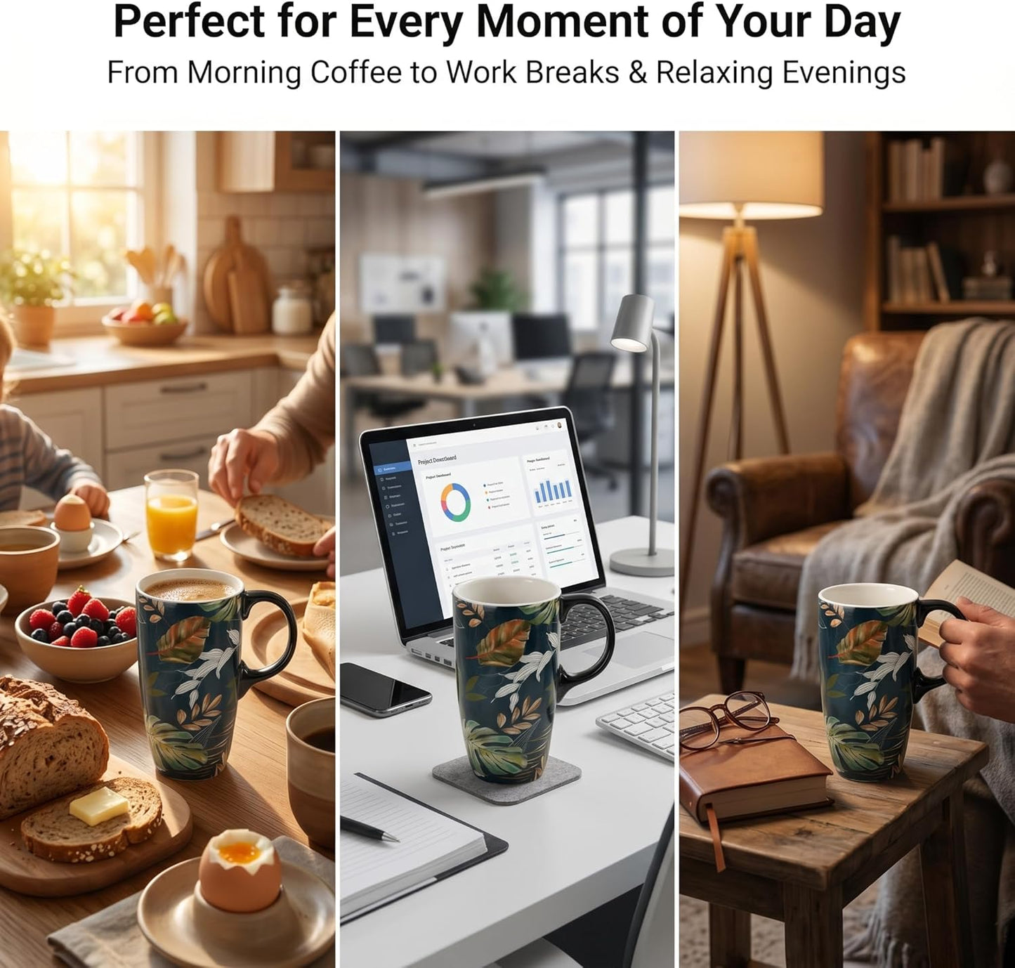 17oz Tropical Leaf Ceramic Travel Coffee Mug with Lid & Matching Gift Box | Microwave & Dishwasher Safe, Cup Holder Friendly, Commute Office Home Use, Large Latte Cocoa Tea Cup, Ergonomic Handle