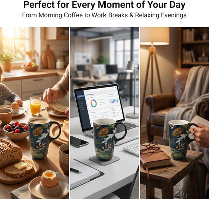 17oz Tropical Leaf Ceramic Travel Coffee Mug with Lid & Matching Gift Box | Microwave & Dishwasher Safe, Cup Holder Friendly, Commute Office Home Use, Large Latte Cocoa Tea Cup, Ergonomic Handle