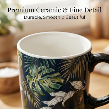 17oz Tropical Leaf Ceramic Travel Coffee Mug with Lid & Matching Gift Box | Microwave & Dishwasher Safe, Cup Holder Friendly, Commute Office Home Use, Large Latte Cocoa Tea Cup, Ergonomic Handle