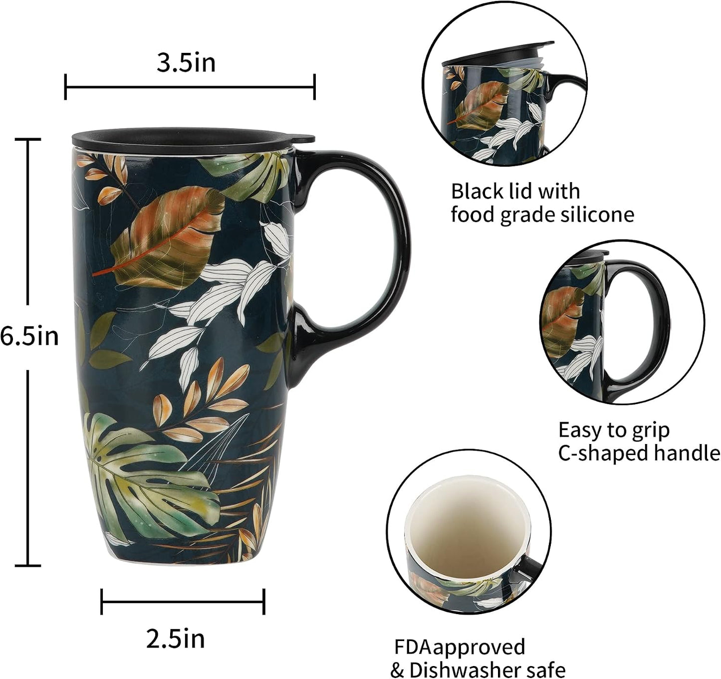 17oz Tropical Leaf Ceramic Travel Coffee Mug with Lid & Matching Gift Box | Microwave & Dishwasher Safe, Cup Holder Friendly, Commute Office Home Use, Large Latte Cocoa Tea Cup, Ergonomic Handle