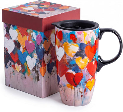17oz Tropical Leaf Ceramic Travel Coffee Mug with Lid & Matching Gift Box | Microwave & Dishwasher Safe, Cup Holder Friendly, Commute Office Home Use, Large Latte Cocoa Tea Cup, Ergonomic Handle
