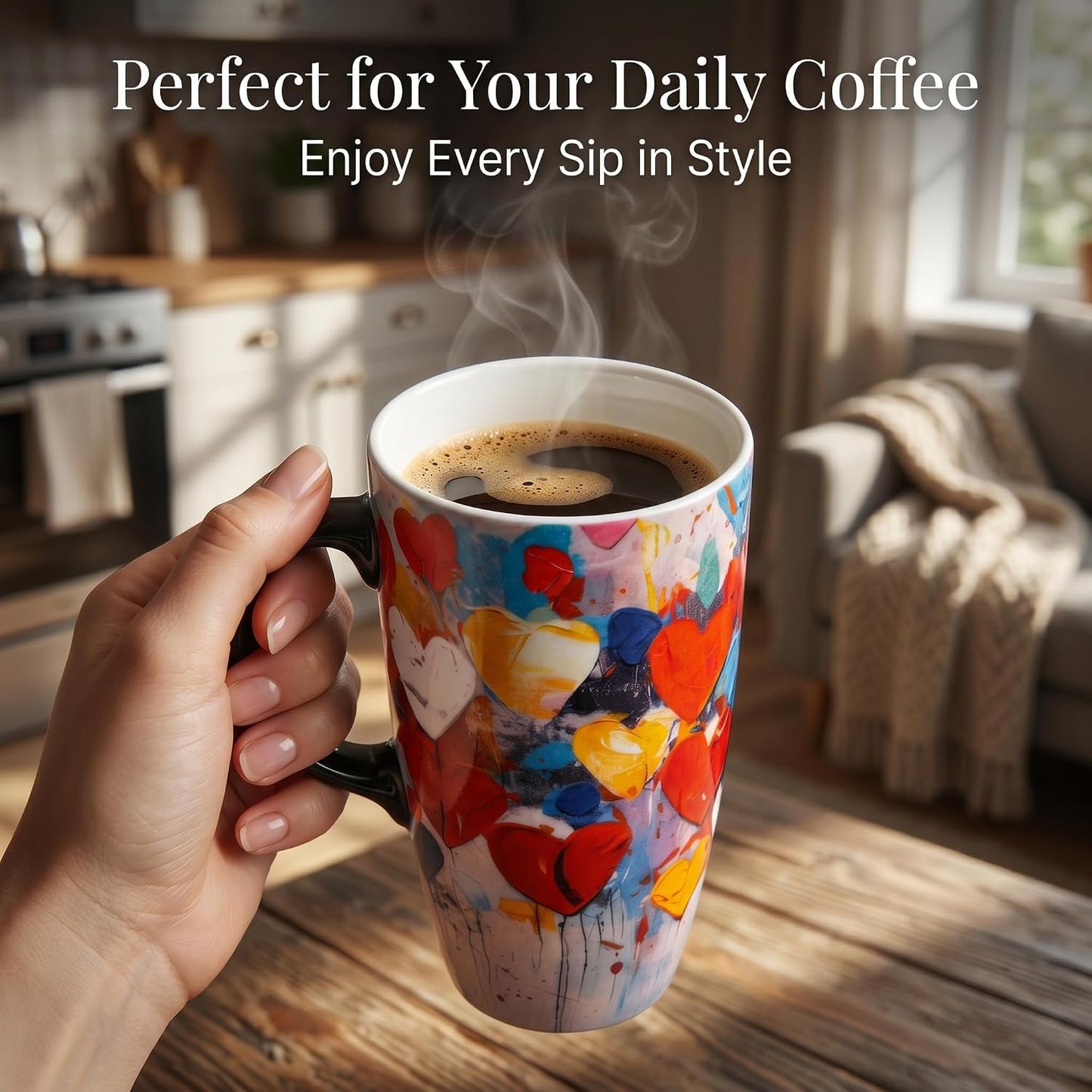 17oz Tropical Leaf Ceramic Travel Coffee Mug with Lid & Matching Gift Box | Microwave & Dishwasher Safe, Cup Holder Friendly, Commute Office Home Use, Large Latte Cocoa Tea Cup, Ergonomic Handle