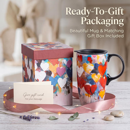 17oz Tropical Leaf Ceramic Travel Coffee Mug with Lid & Matching Gift Box | Microwave & Dishwasher Safe, Cup Holder Friendly, Commute Office Home Use, Large Latte Cocoa Tea Cup, Ergonomic Handle