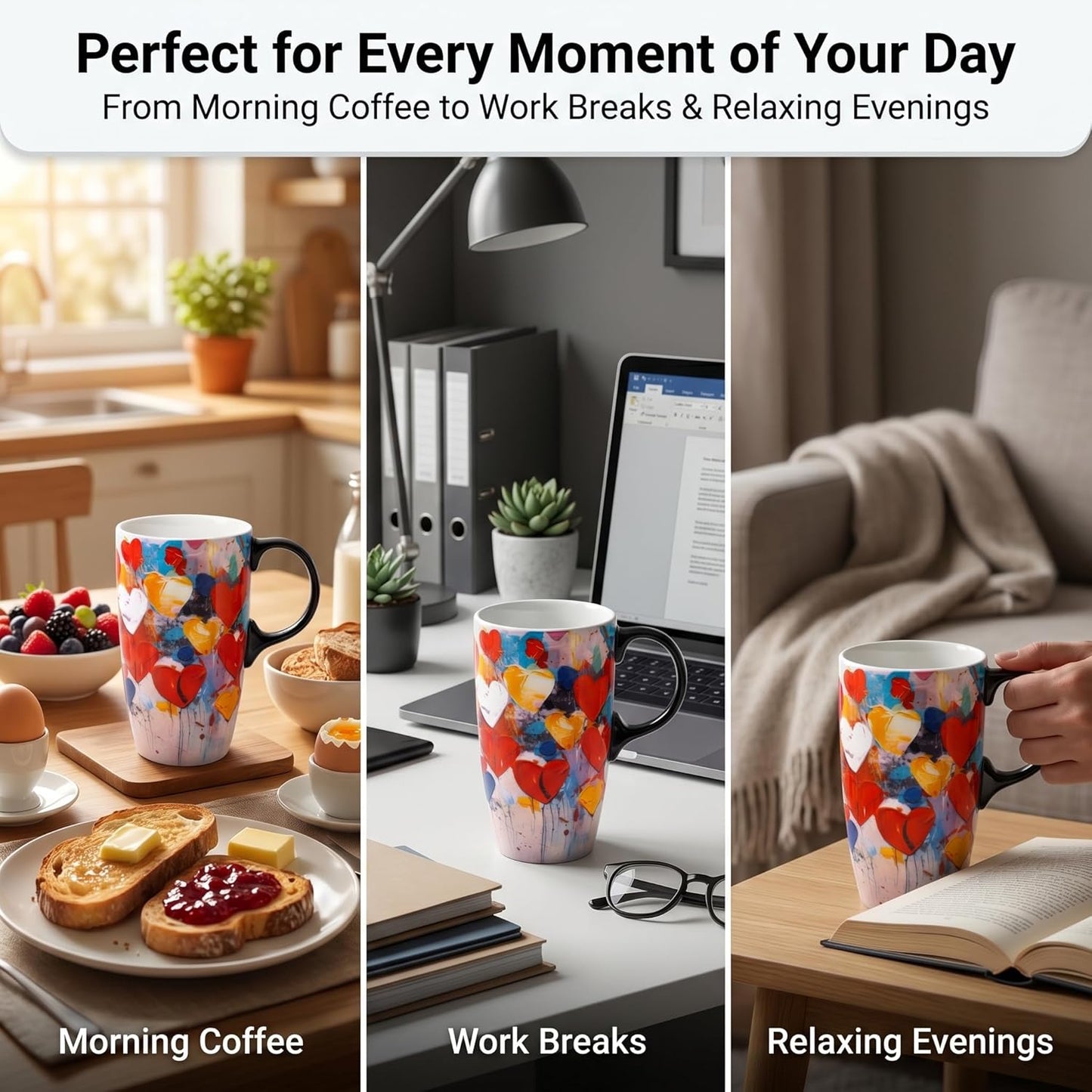 17oz Tropical Leaf Ceramic Travel Coffee Mug with Lid & Matching Gift Box | Microwave & Dishwasher Safe, Cup Holder Friendly, Commute Office Home Use, Large Latte Cocoa Tea Cup, Ergonomic Handle