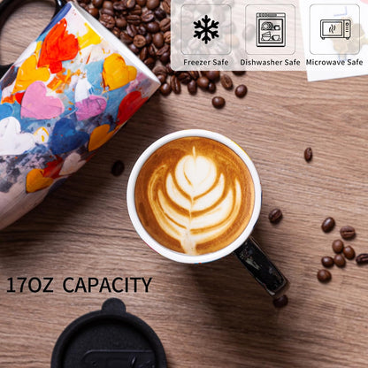 17oz Tropical Leaf Ceramic Travel Coffee Mug with Lid & Matching Gift Box | Microwave & Dishwasher Safe, Cup Holder Friendly, Commute Office Home Use, Large Latte Cocoa Tea Cup, Ergonomic Handle