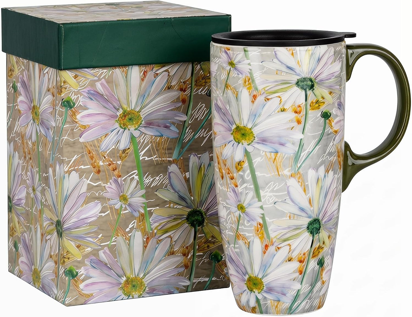 17oz Tropical Leaf Ceramic Travel Coffee Mug with Lid & Matching Gift Box | Microwave & Dishwasher Safe, Cup Holder Friendly, Commute Office Home Use, Large Latte Cocoa Tea Cup, Ergonomic Handle