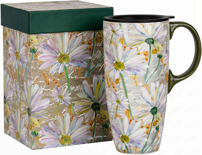 17oz Tropical Leaf Ceramic Travel Coffee Mug with Lid & Matching Gift Box | Microwave & Dishwasher Safe, Cup Holder Friendly, Commute Office Home Use, Large Latte Cocoa Tea Cup, Ergonomic Handle