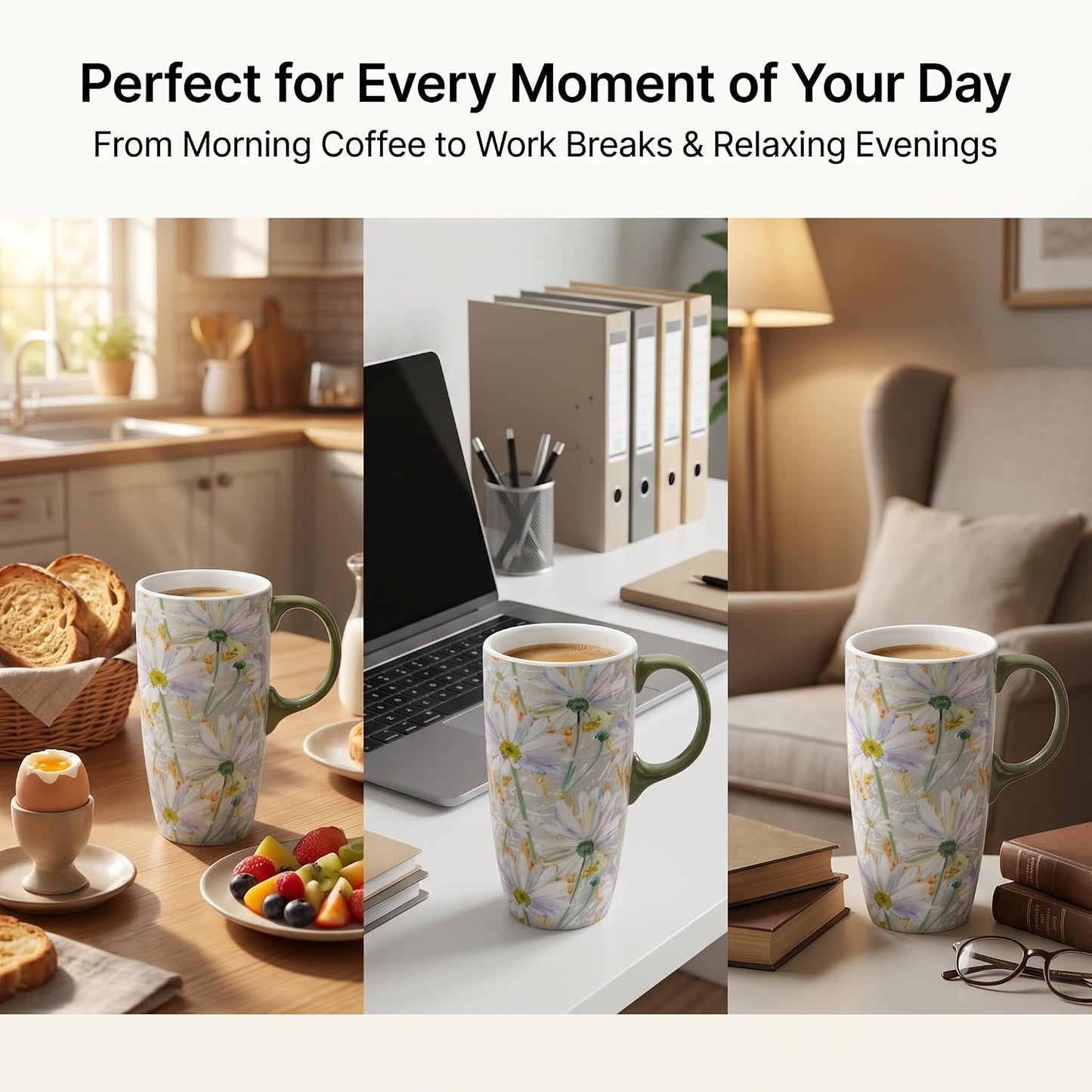 17oz Tropical Leaf Ceramic Travel Coffee Mug with Lid & Matching Gift Box | Microwave & Dishwasher Safe, Cup Holder Friendly, Commute Office Home Use, Large Latte Cocoa Tea Cup, Ergonomic Handle