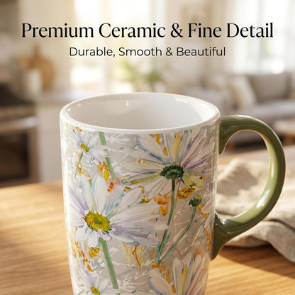 17oz Tropical Leaf Ceramic Travel Coffee Mug with Lid & Matching Gift Box | Microwave & Dishwasher Safe, Cup Holder Friendly, Commute Office Home Use, Large Latte Cocoa Tea Cup, Ergonomic Handle