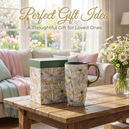 17oz Tropical Leaf Ceramic Travel Coffee Mug with Lid & Matching Gift Box | Microwave & Dishwasher Safe, Cup Holder Friendly, Commute Office Home Use, Large Latte Cocoa Tea Cup, Ergonomic Handle
