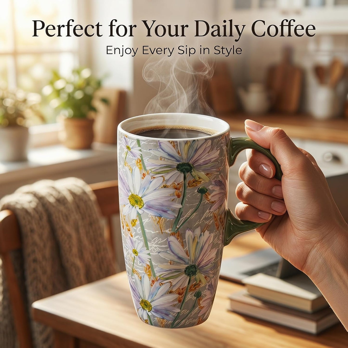 17oz Tropical Leaf Ceramic Travel Coffee Mug with Lid & Matching Gift Box | Microwave & Dishwasher Safe, Cup Holder Friendly, Commute Office Home Use, Large Latte Cocoa Tea Cup, Ergonomic Handle