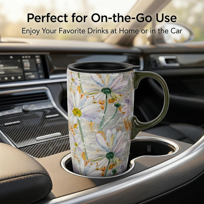 17oz Tropical Leaf Ceramic Travel Coffee Mug with Lid & Matching Gift Box | Microwave & Dishwasher Safe, Cup Holder Friendly, Commute Office Home Use, Large Latte Cocoa Tea Cup, Ergonomic Handle