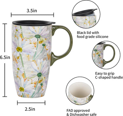 17oz Tropical Leaf Ceramic Travel Coffee Mug with Lid & Matching Gift Box | Microwave & Dishwasher Safe, Cup Holder Friendly, Commute Office Home Use, Large Latte Cocoa Tea Cup, Ergonomic Handle