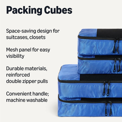 4-Piece Packing Cubes Travel Accessories Set, Luggage Organizer with Double Zipper, Mesh Top, Space-Saving, Medium, Sky Blue (Previously Amazon Basics)