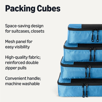 4-Piece Packing Cubes Travel Accessories Set, Luggage Organizer with Double Zipper, Mesh Top, Space-Saving, Medium, Sky Blue (Previously Amazon Basics)