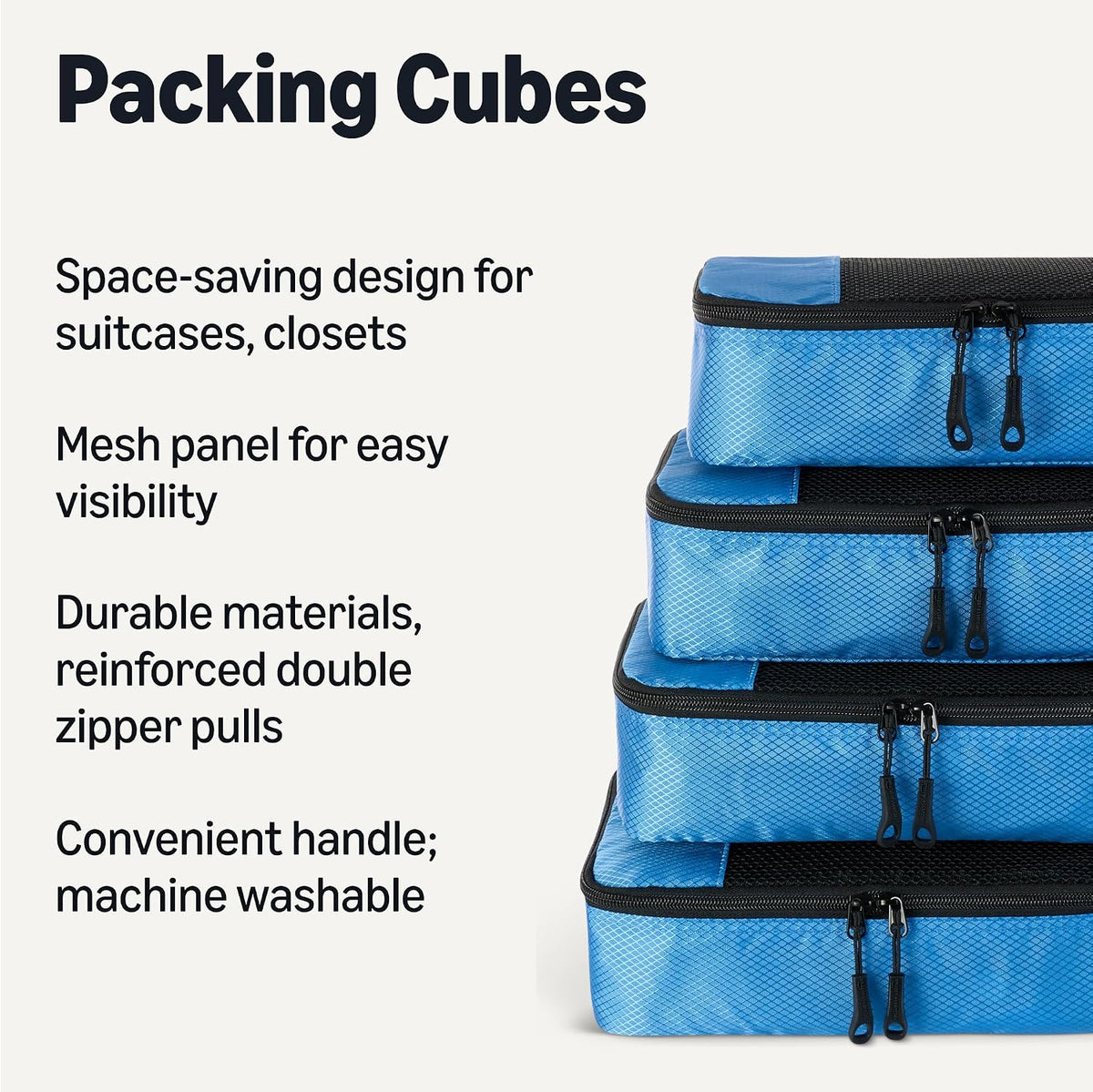 4-Piece Packing Cubes Travel Accessories Set, Luggage Organizer with Double Zipper, Mesh Top, Space-Saving, Medium, Sky Blue (Previously Amazon Basics)