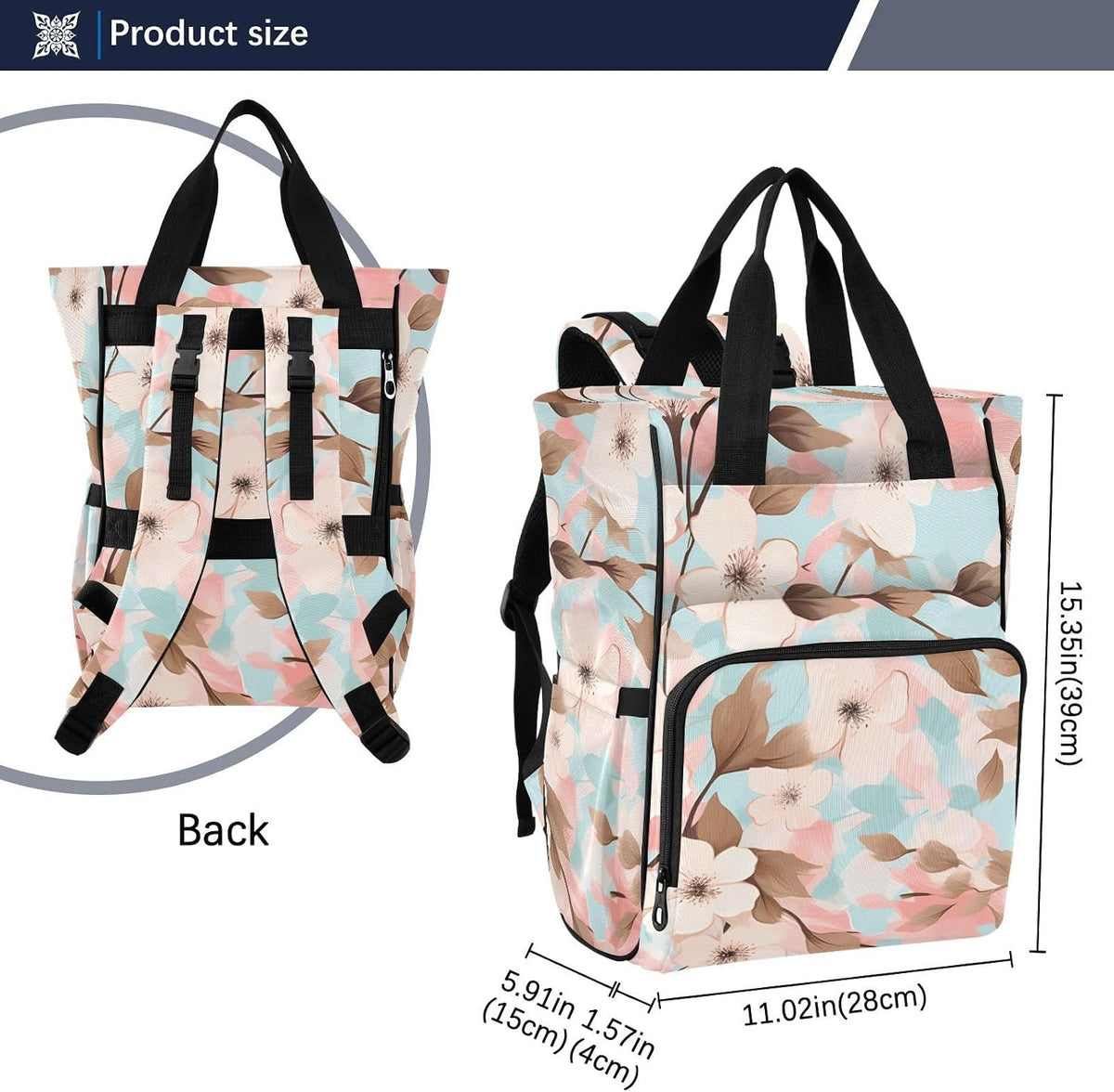 Diaper Bag Backpack, Multifunction Travel Bag for Moms Dads, Baby Changing Bag with Insulted Pockets, Stroller Straps and Side Bottle Pockets Soft Floral Design