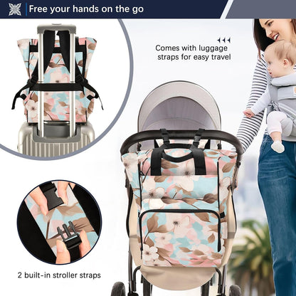 Diaper Bag Backpack, Multifunction Travel Bag for Moms Dads, Baby Changing Bag with Insulted Pockets, Stroller Straps and Side Bottle Pockets Soft Floral Design