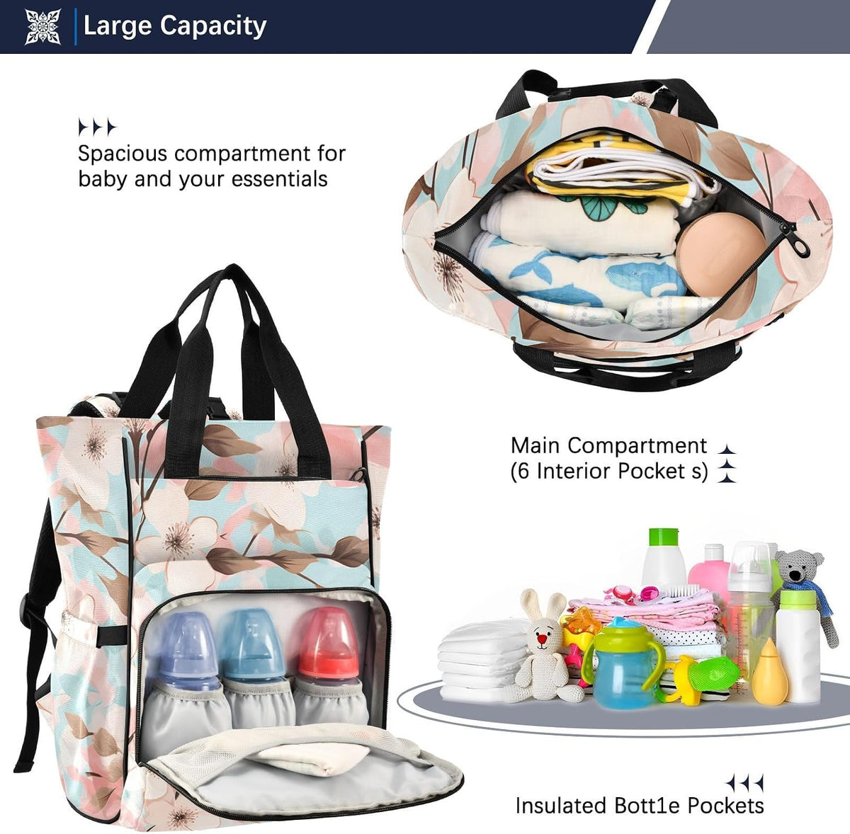 Diaper Bag Backpack, Multifunction Travel Bag for Moms Dads, Baby Changing Bag with Insulted Pockets, Stroller Straps and Side Bottle Pockets Soft Floral Design