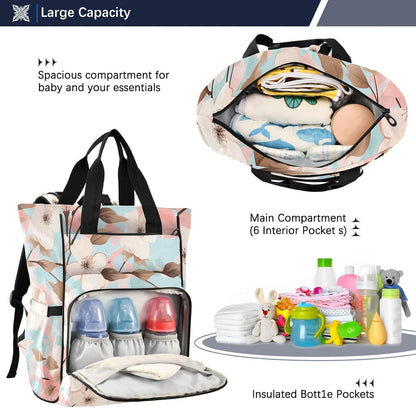 Diaper Bag Backpack, Multifunction Travel Bag for Moms Dads, Baby Changing Bag with Insulted Pockets, Stroller Straps and Side Bottle Pockets Soft Floral Design