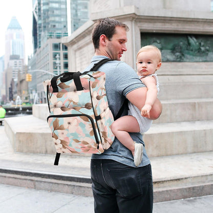Diaper Bag Backpack, Multifunction Travel Bag for Moms Dads, Baby Changing Bag with Insulted Pockets, Stroller Straps and Side Bottle Pockets Soft Floral Design
