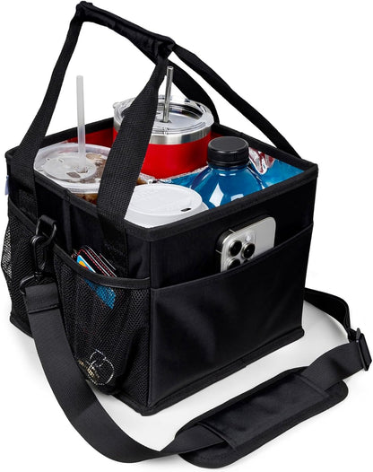 Reusable Drink Carrier with Handle – Tip-Resistant 4 Cup Carrier with Shoulder Strap for Delivery – Insulated, Foldable, Adjustable Dividers – Portable Caddy Tote Bag, Drink Holder for Car