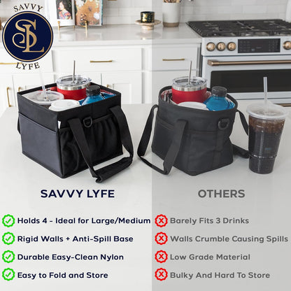 Reusable Drink Carrier with Handle – Tip-Resistant 4 Cup Carrier with Shoulder Strap for Delivery – Insulated, Foldable, Adjustable Dividers – Portable Caddy Tote Bag, Drink Holder for Car