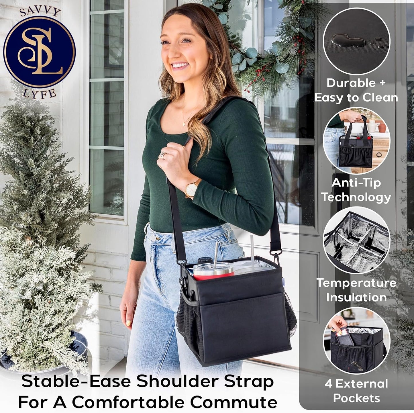 Reusable Drink Carrier with Handle – Tip-Resistant 4 Cup Carrier with Shoulder Strap for Delivery – Insulated, Foldable, Adjustable Dividers – Portable Caddy Tote Bag, Drink Holder for Car