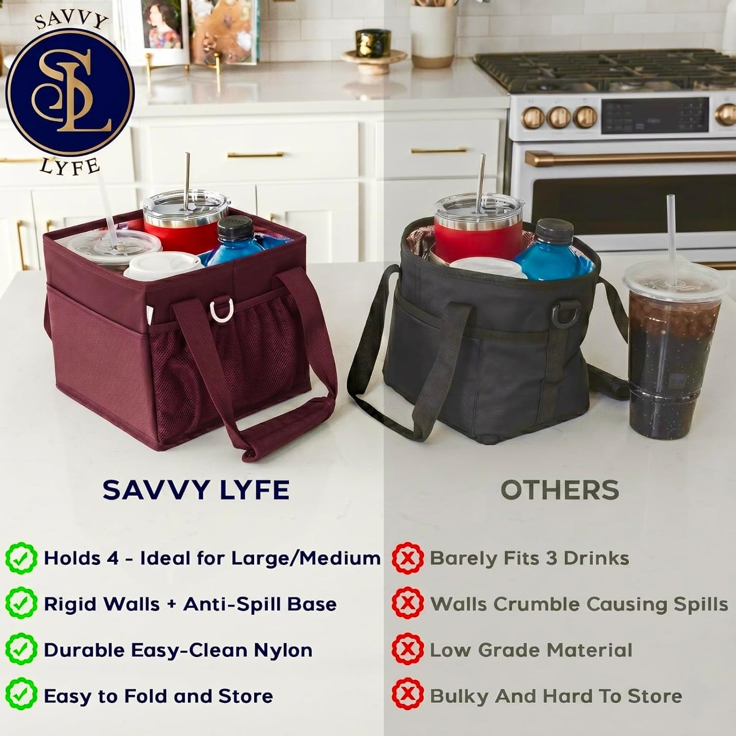 Reusable Drink Carrier with Handle – Tip-Resistant 4 Cup Carrier with Shoulder Strap for Delivery – Insulated, Foldable, Adjustable Dividers – Portable Caddy Tote Bag, Drink Holder for Car