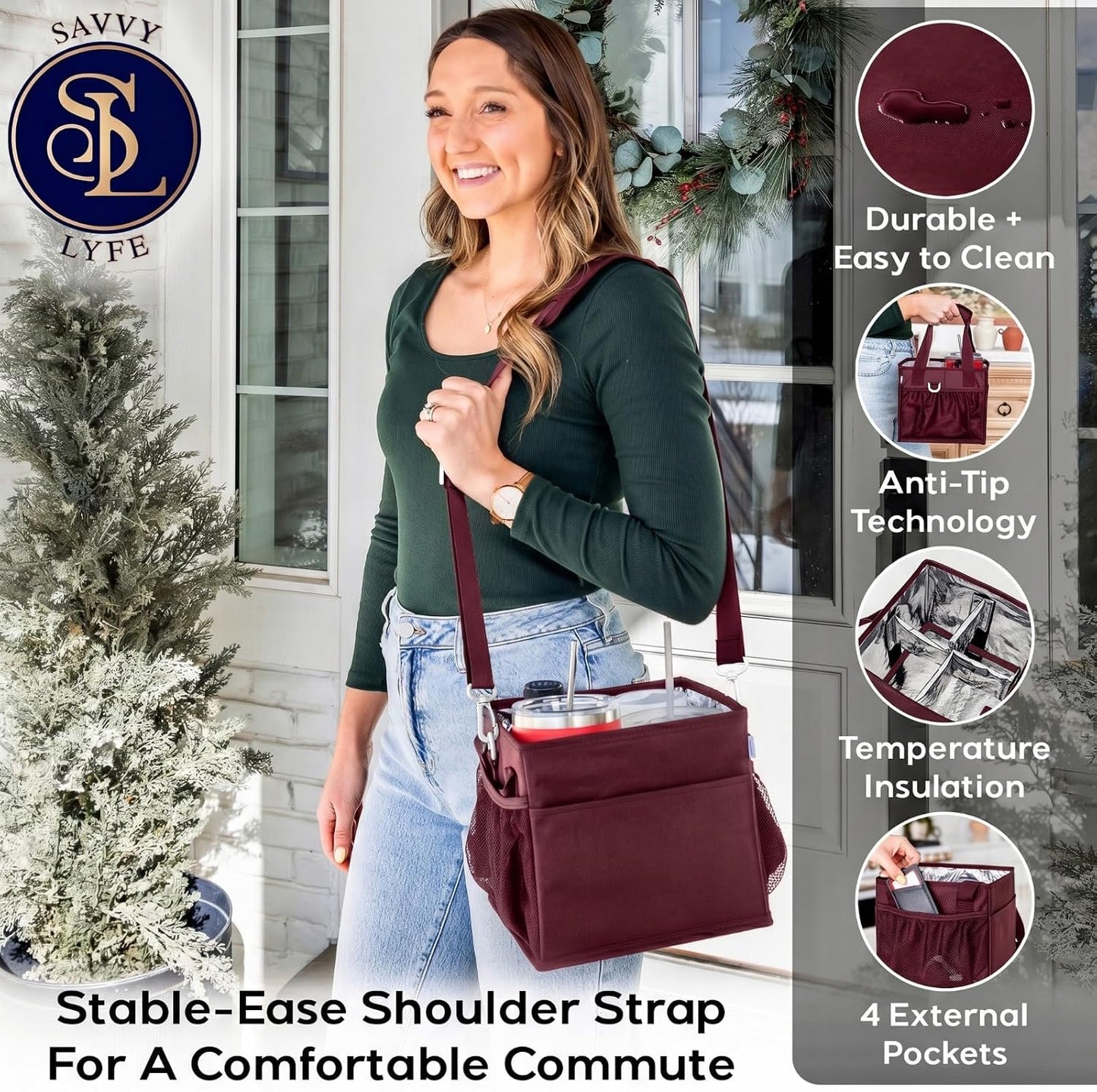 Reusable Drink Carrier with Handle – Tip-Resistant 4 Cup Carrier with Shoulder Strap for Delivery – Insulated, Foldable, Adjustable Dividers – Portable Caddy Tote Bag, Drink Holder for Car