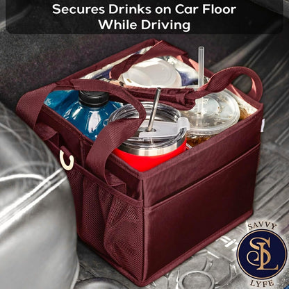 Reusable Drink Carrier with Handle – Tip-Resistant 4 Cup Carrier with Shoulder Strap for Delivery – Insulated, Foldable, Adjustable Dividers – Portable Caddy Tote Bag, Drink Holder for Car