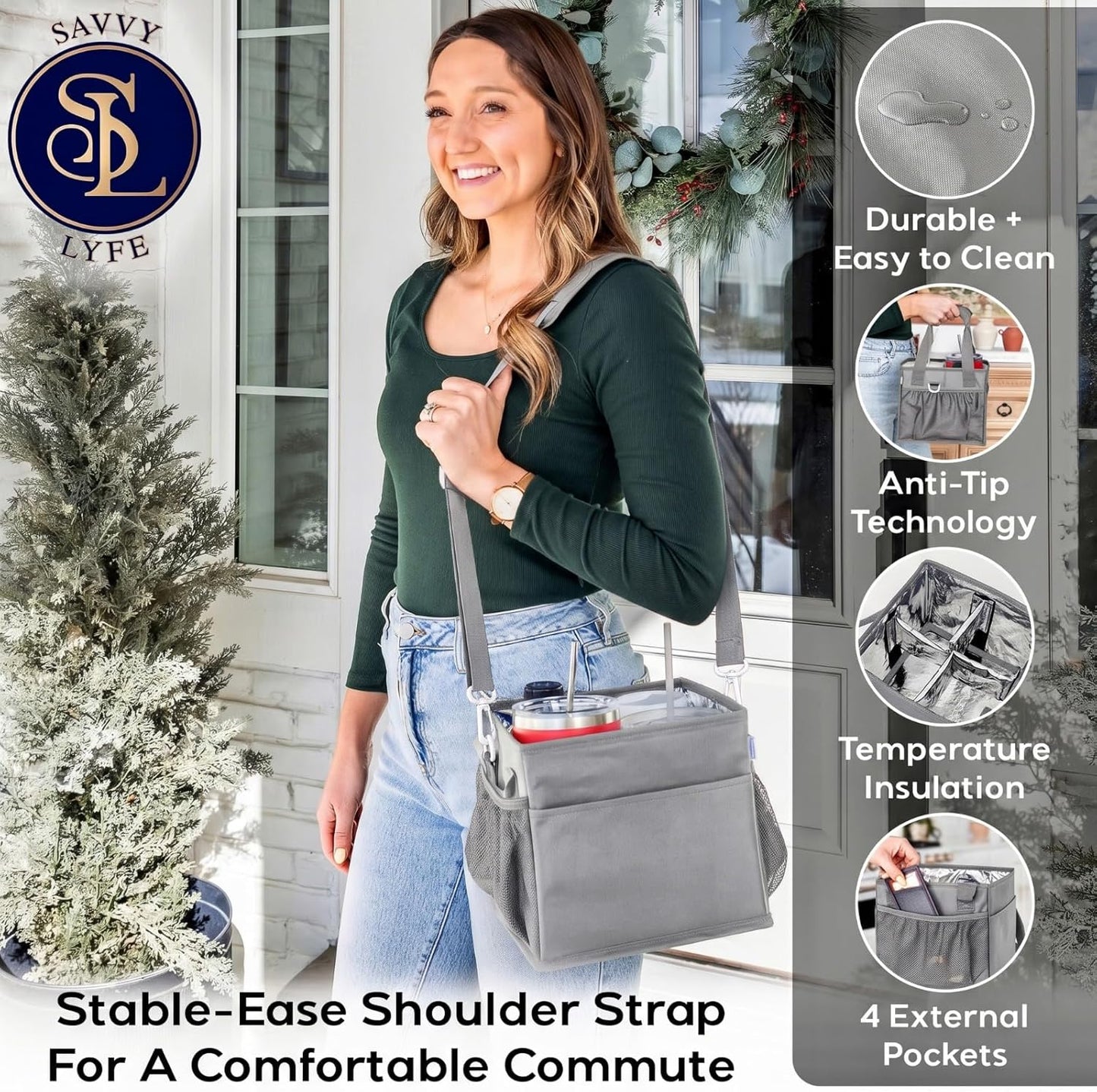 Reusable Drink Carrier with Handle – Tip-Resistant 4 Cup Carrier with Shoulder Strap for Delivery – Insulated, Foldable, Adjustable Dividers – Portable Caddy Tote Bag, Drink Holder for Car