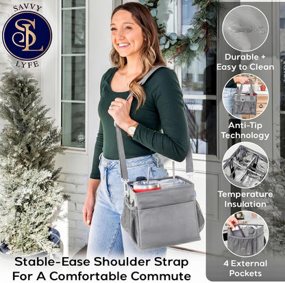 Reusable Drink Carrier with Handle – Tip-Resistant 4 Cup Carrier with Shoulder Strap for Delivery – Insulated, Foldable, Adjustable Dividers – Portable Caddy Tote Bag, Drink Holder for Car