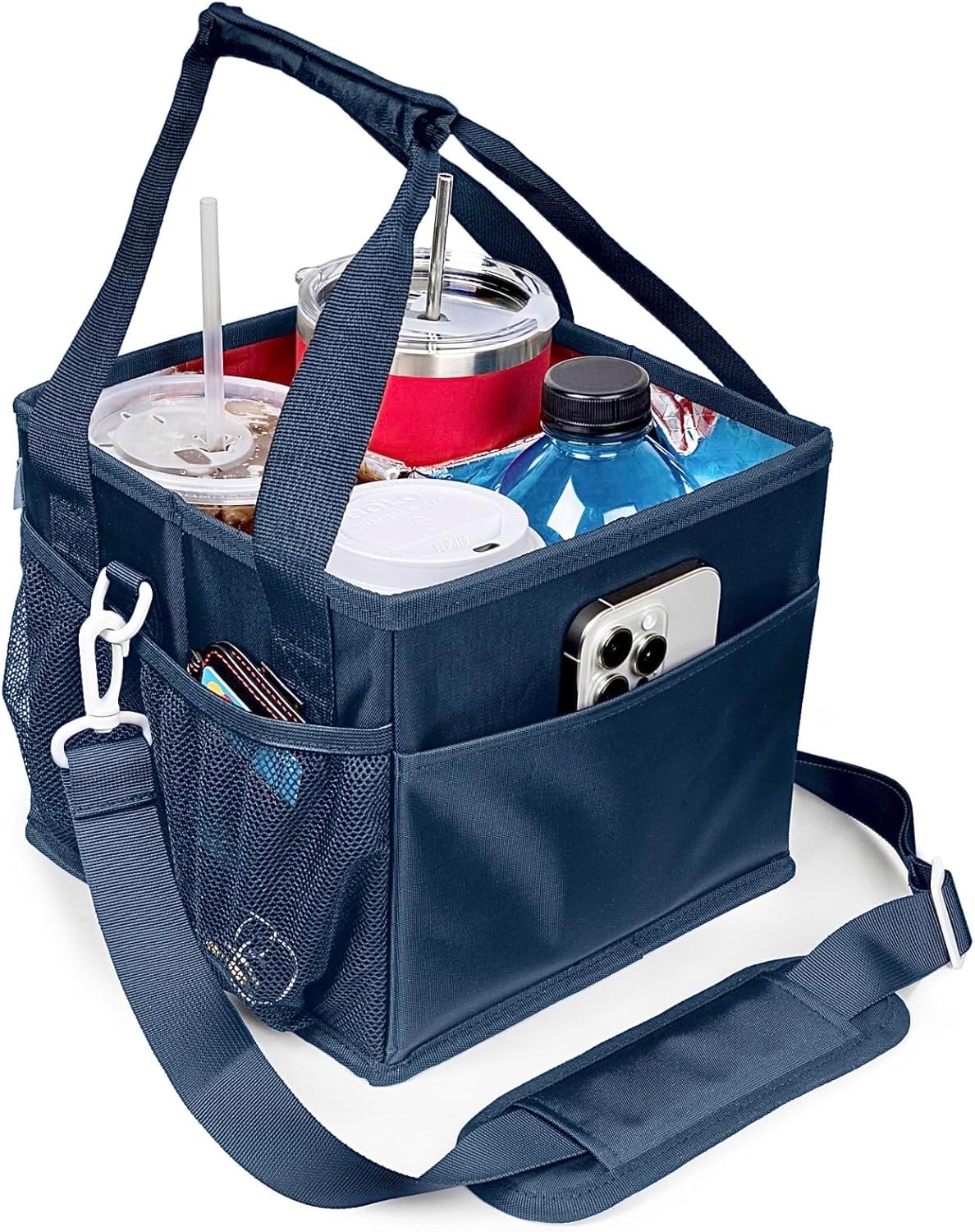 Reusable Drink Carrier with Handle – Tip-Resistant 4 Cup Carrier with Shoulder Strap for Delivery – Insulated, Foldable, Adjustable Dividers – Portable Caddy Tote Bag, Drink Holder for Car