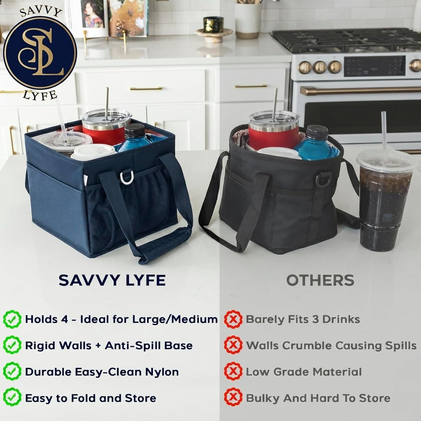 Reusable Drink Carrier with Handle – Tip-Resistant 4 Cup Carrier with Shoulder Strap for Delivery – Insulated, Foldable, Adjustable Dividers – Portable Caddy Tote Bag, Drink Holder for Car