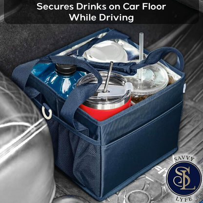 Reusable Drink Carrier with Handle – Tip-Resistant 4 Cup Carrier with Shoulder Strap for Delivery – Insulated, Foldable, Adjustable Dividers – Portable Caddy Tote Bag, Drink Holder for Car