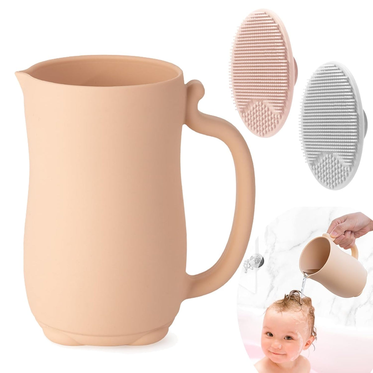 Baby Bath Rinse Cup, Silicone Baby Shampoo Rinser with 2 Pack Cradle Cap Brush for Kids Toddler Body Washing (Grey)