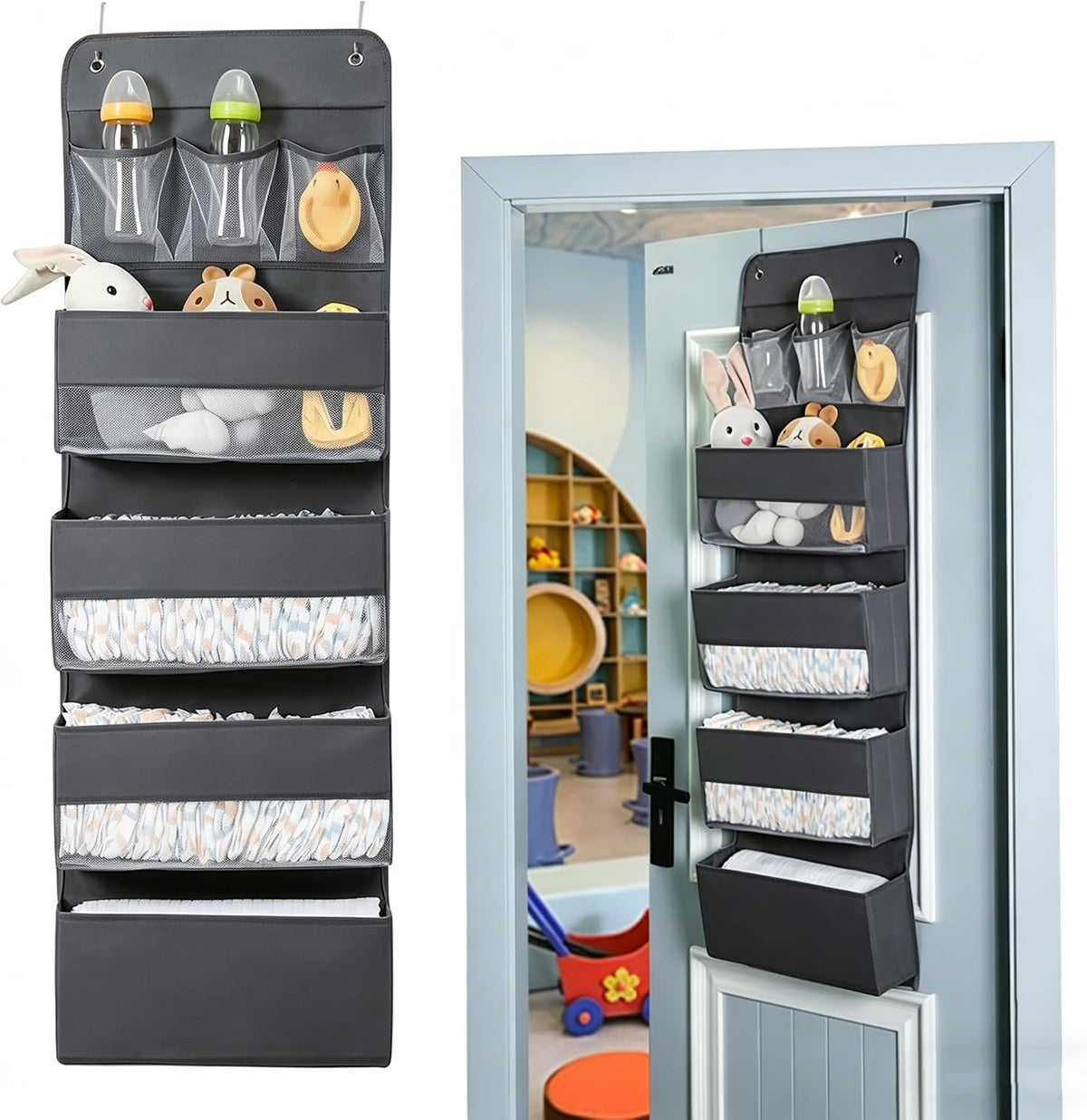 Over Door Hanging Organizer Storage - 7 Large Pockets Closet Bathroom Organizer Perspective Window Wall Mount Rack for Clothes Sundries(Grey)