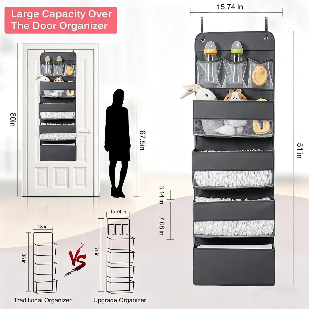 Over Door Hanging Organizer Storage - 7 Large Pockets Closet Bathroom Organizer Perspective Window Wall Mount Rack for Clothes Sundries(Grey)