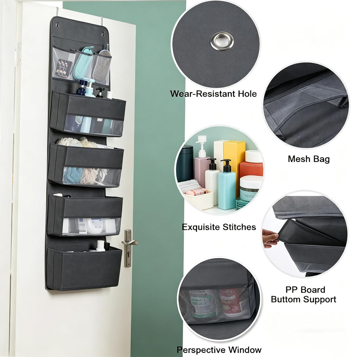 Over Door Hanging Organizer Storage - 7 Large Pockets Closet Bathroom Organizer Perspective Window Wall Mount Rack for Clothes Sundries(Grey)