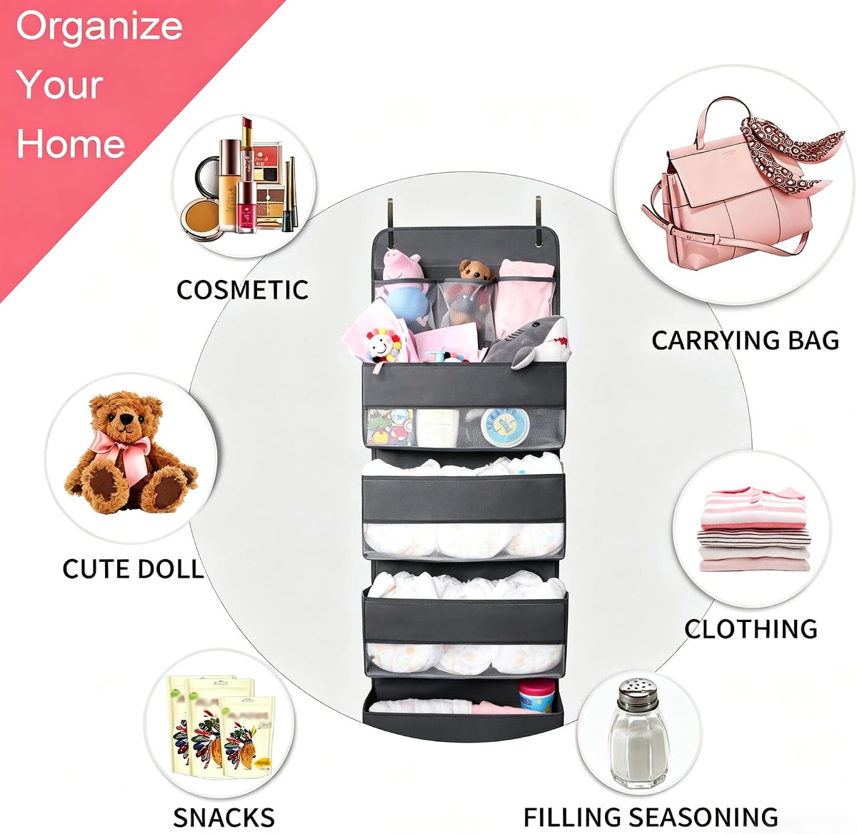 Over Door Hanging Organizer Storage - 7 Large Pockets Closet Bathroom Organizer Perspective Window Wall Mount Rack for Clothes Sundries(Grey)