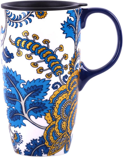 17oz Ceramic Travel Mug with Lid, Botanical Coffee Mug | 17oz Ceramic Travel Mug • Vintage Botanical Design • Coffee Mug with Lid • Microwave & Dishwasher Safe • Gift Box