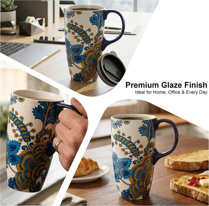 17oz Ceramic Travel Mug with Lid, Botanical Coffee Mug | 17oz Ceramic Travel Mug • Vintage Botanical Design • Coffee Mug with Lid • Microwave & Dishwasher Safe • Gift Box