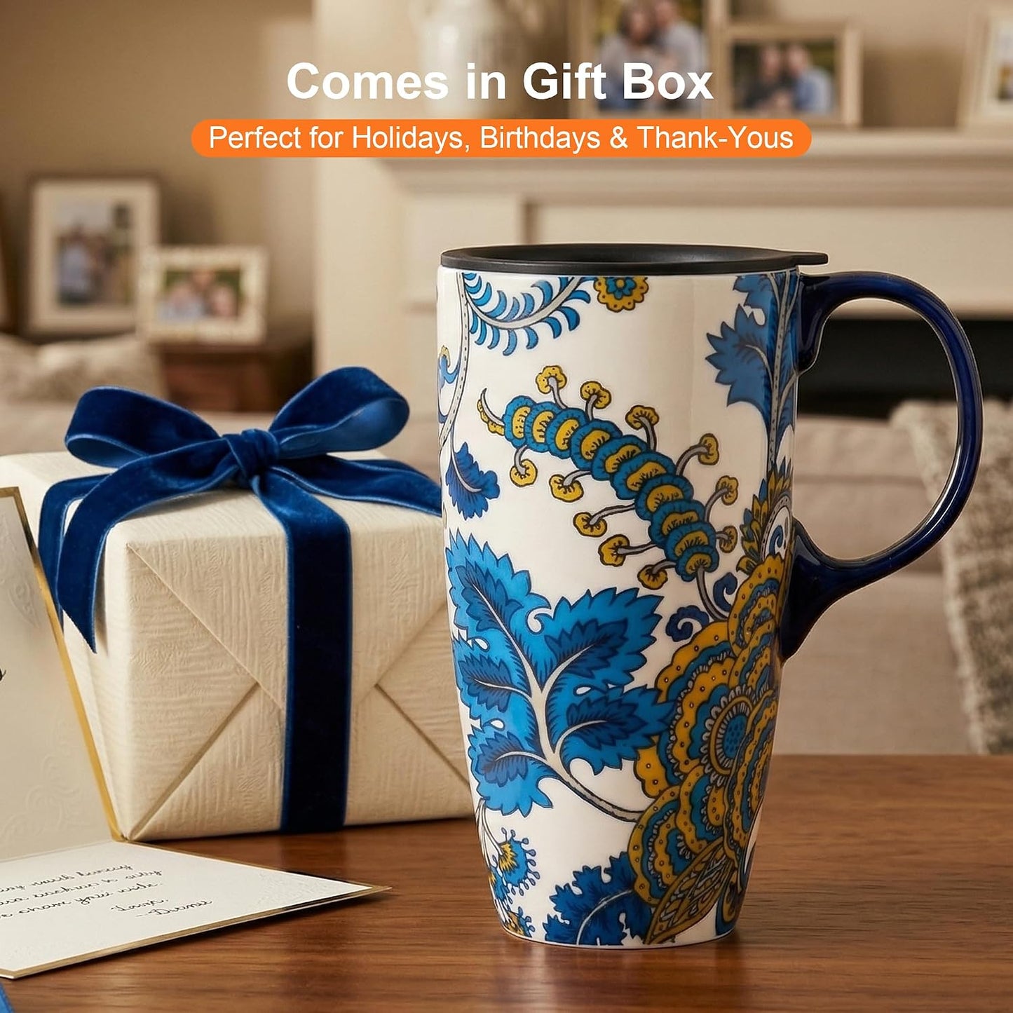 17oz Ceramic Travel Mug with Lid, Botanical Coffee Mug | 17oz Ceramic Travel Mug • Vintage Botanical Design • Coffee Mug with Lid • Microwave & Dishwasher Safe • Gift Box