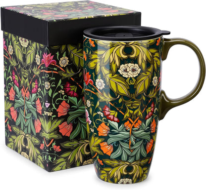 17oz Ceramic Travel Mug with Lid, Botanical Coffee Mug | 17oz Ceramic Travel Mug • Vintage Botanical Design • Coffee Mug with Lid • Microwave & Dishwasher Safe • Gift Box