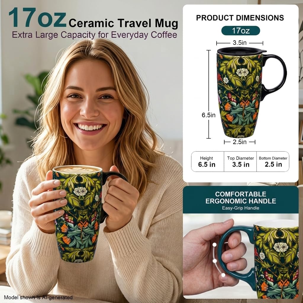 17oz Ceramic Travel Mug with Lid, Botanical Coffee Mug | 17oz Ceramic Travel Mug • Vintage Botanical Design • Coffee Mug with Lid • Microwave & Dishwasher Safe • Gift Box
