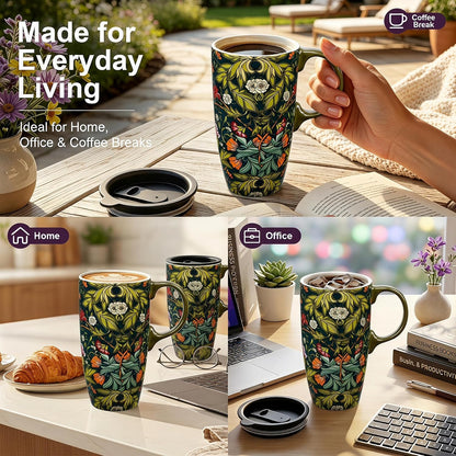 17oz Ceramic Travel Mug with Lid, Botanical Coffee Mug | 17oz Ceramic Travel Mug • Vintage Botanical Design • Coffee Mug with Lid • Microwave & Dishwasher Safe • Gift Box