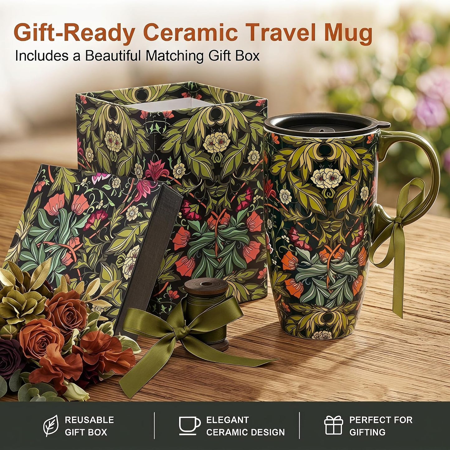 17oz Ceramic Travel Mug with Lid, Botanical Coffee Mug | 17oz Ceramic Travel Mug • Vintage Botanical Design • Coffee Mug with Lid • Microwave & Dishwasher Safe • Gift Box