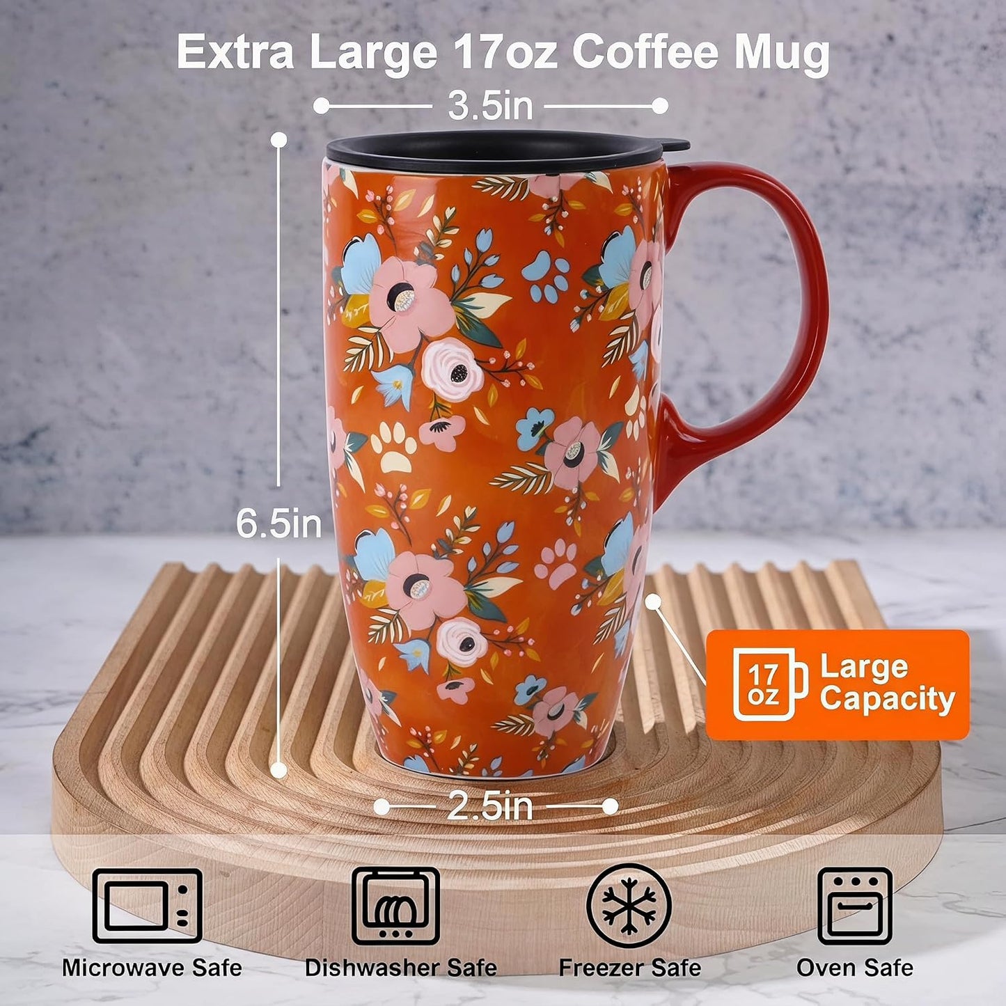 17oz Ceramic Travel Mug with Lid, Botanical Coffee Mug | 17oz Ceramic Travel Mug • Vintage Botanical Design • Coffee Mug with Lid • Microwave & Dishwasher Safe • Gift Box