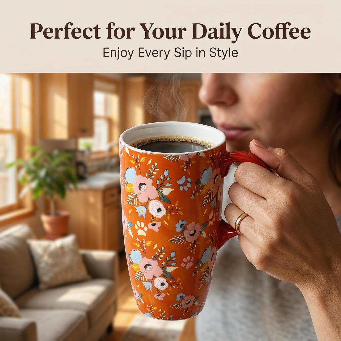 17oz Ceramic Travel Mug with Lid, Botanical Coffee Mug | 17oz Ceramic Travel Mug • Vintage Botanical Design • Coffee Mug with Lid • Microwave & Dishwasher Safe • Gift Box